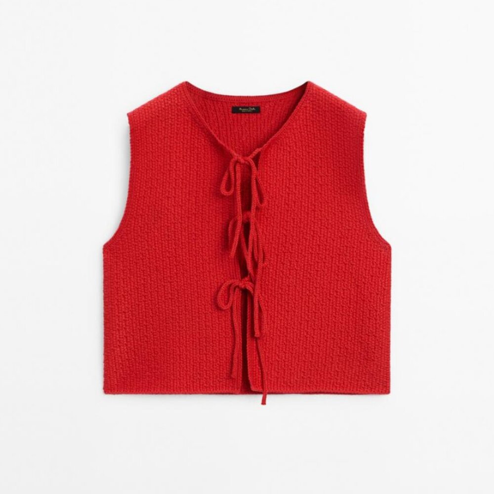 Massimo Dutti Knit Vest with Tie Details in Red
